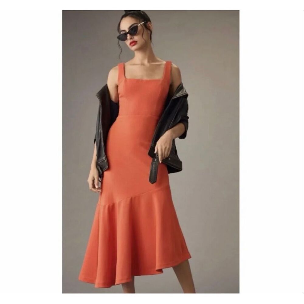 Anthropologie Ariana Square Neck Asymmetrical Ruffle Hem Tank Dress XS Orange
